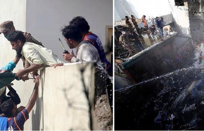شاهد الصور المأسوية لسقوط الطائرة الباكستانية بحي سكني