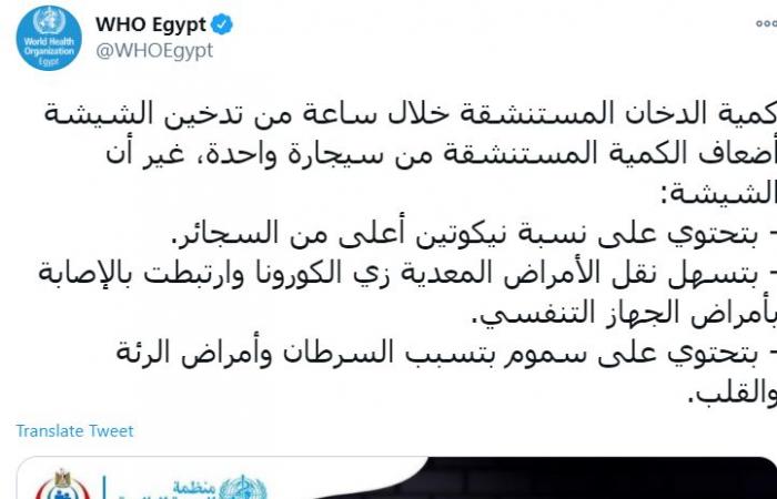 منظمة الصحة العالمية بمصر تحذر من تدخين الشيشة: تسهل نقل كورونا